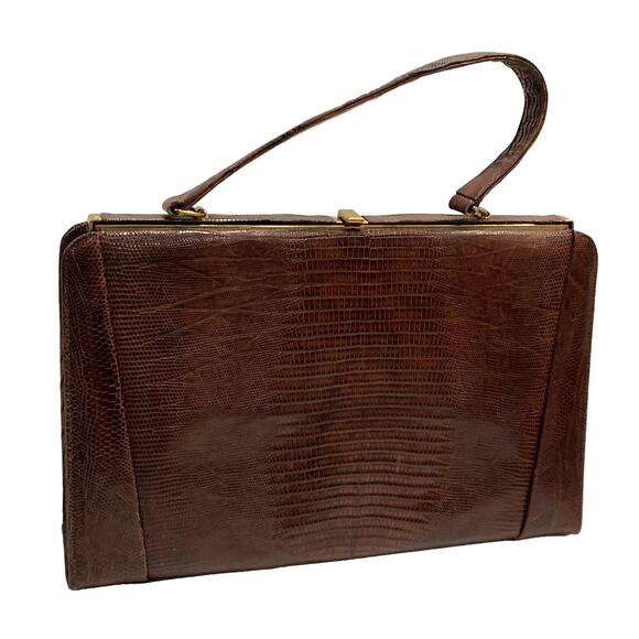 50s 60s Large Escort Top Handle Lizard Bag | Brown | Vintage Frame Bag - Picture 2 of 10